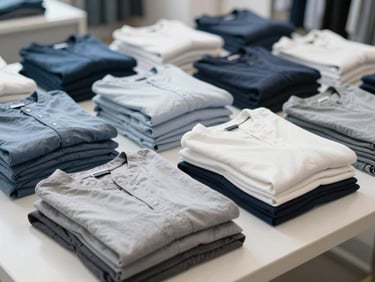 Wide shot of neatly folded stacks of clean garments arranged on a white table under bright interior daylight, crisp edges visible, no people