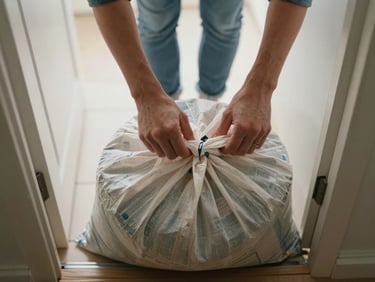 Close-up overhead shot of hands placing a tied laundry bag onto a clean apartment doorstep under bright indoor hallway light, tiled floor visible