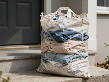 Close-up of a neatly packed laundry bag placed on a residential doorstep, bright daylight on concrete step, door visible in background, no people