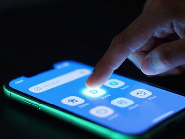 Macro close-up of a hand interacting with a glowing electric blue mobile application interface, neon mint accents, dark high-contrast background, sleek tech photography, 8k resolution