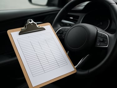 Close-up of a clipboard with vehicle specs next to a clean car steering wheel, natural overcast daylight, sharp details, 35mm lens