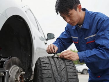 A certified mechanic inspecting a car tire and brake assembly under natural overcast daylight, focus on tools and tire tread, 35mm lens