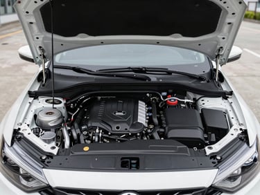 Crisp automotive photography of an open hood under natural overcast daylight, a clean engine bay with sharp details, 35mm lens