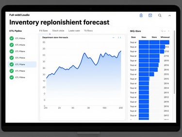 Full-width Looker Studio dashboard screenshot showing a multi-channel inventory replenishment forecast: left panel displays ETL pipeline status with green checkmarks per data source, center panel shows a fill rate trend line chart for the past 30 days across department store and wholesale channels, right panel shows a heat-map table of SKU-store stock levels with primary blue highlights on critical rows. Clean dark-on-light UI, no persons, no decorative elements, straight-on screen capture.
