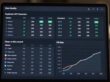 Data quality dashboard showing catalog hygiene metrics: duplicate UPC detection table, clean vs dirty record counts, fill rate trend chart on a dark UI, precise data grid visualization, no people