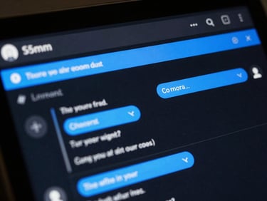 Close-up of a clean dark-mode customer support interface with automated message routing indicators, dark-toned editorial photography, cool low-key ambient lighting, sharp electric blue highlights, high-contrast, shallow depth of field, 35mm