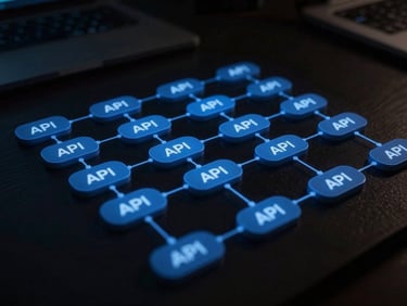 Structured node-based data flow diagram representing real-time API integrations, dark-toned editorial photography, cool low-key ambient lighting, sharp electric blue highlights, high-contrast, shallow depth of field, 35mm