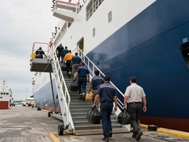 Wide environmental shot of a port gangway during a crew change operation, crew members in work gear carrying bags up the gangway, vessel hull visible in background, natural overcast daylight