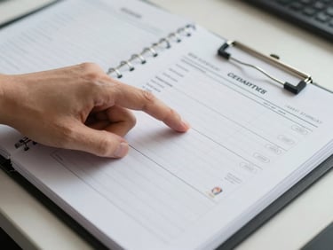 Close-up overhead shot of a crew roster binder open on a desk, a hand pointing to a candidate profile with certification stamps visible, flat natural office light, no shadows obscuring text