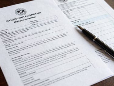Flat-lit close-up of maritime certification documents and STCW endorsement papers spread on a desk, a pen resting on an open form, clear document text visible, no decorative props