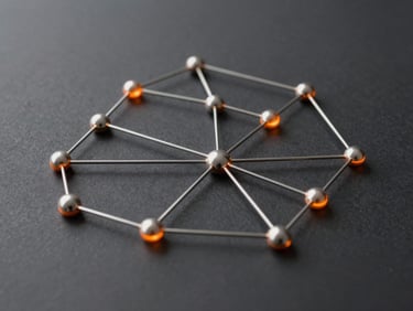 A highly refined custom modern node diagram showing clean connected lines and orange glowing data points over a dark graphite background, architectural and technical style