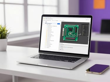 A clean modern tech workspace with a laptop displaying a running microcontroller simulator and structured project folders, bright natural daylight, purple accents.