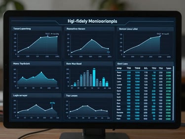 Top-down schematic diagram of a high-fidelity AI monitoring dashboard, displaying real-time latency charts, active state transitions, and tabular execution logs with subtle blue glow accents.