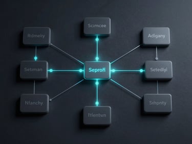 Top-down schematic diagram of an interactive node-based workflow architecture, clean vector lines, subtle cyan glow on active data paths, deep obsidian background.