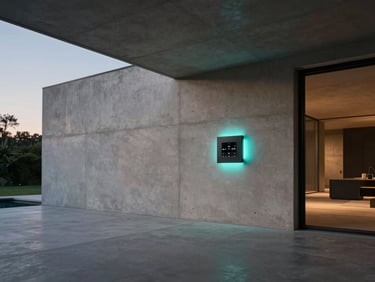Cinematic wide shot of a modern architectural concrete villa interior at dusk, subtle cyan LED glow from an integrated wall-mounted control panel, long shadows, clean lines.