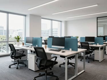 Wide environmental shot of a modern collaborative workspace, bright natural office daylight, clean composition, professional setting