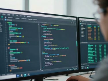 Close-up of a professional analyzing data screens with code and metrics, cool slate and digital teal lighting, high clarity, 35mm lens