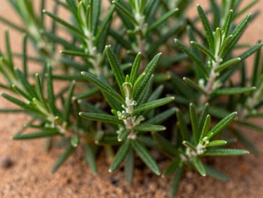 Close-up of woody rosemary stems with needle-like leaves, strong natural light, arid soil texture, organic editorial photography.