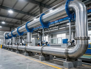 industrial mechanical photography, wide shot of factory interior with large blue and silver ventilation ducts running along the ceiling, professional lighting, 35mm
