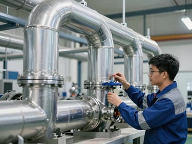 industrial mechanical photography, technical mechanical installation of ventilation pipes, technician in safety gear adjusting a valve, clean workshop environment, 35mm