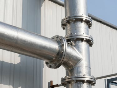 industrial mechanical photography, close up of stainless steel industrial chimney duct connections, outdoor installation on a factory wall, bright daylight, 35mm