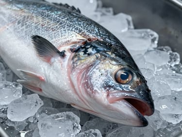 Close-up of fresh Atlantic cod head-on gutted on ice, high-clarity industrial lighting, cool slate gray tones, focus on clear eyes and pristine white flesh texture.