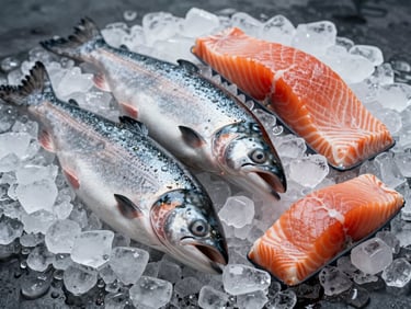 Fresh whole Atlantic salmon and premium fillets on clean crushed ice, cool overcast lighting