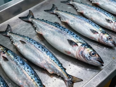 Premium Norwegian mackerel and herring arranged on a cold metal grading surface under sterile light