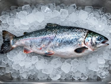 Macro overhead shot of perfectly graded whole Atlantic salmon on a bed of crushed ice, cool overcast daylight, focus on silver scales and firm texture, sterile industrial setting.