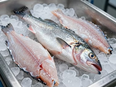 High-grade Atlantic cod and haddock fillets in a clean, sterile cold-chain packaging facility
