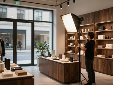 Wide environmental shot of a professional photo shoot inside a modern boutique retail store, photographer adjusting lighting rig aimed at a product display, warm tungsten fill lights against cool ambient daylight from large shopfront windows, dark wood shelving in background