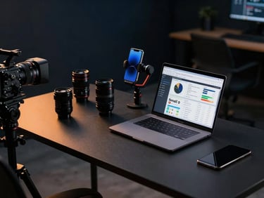 Wide shot from above: a professional content production desk in a dark studio, camera lenses, a laptop showing social analytics dashboards, a smartphone mounted on a gimbal, orange gels casting warm side-light across matte-black equipment surfaces, deep navy shadows in background, cinematic depth-of-field
