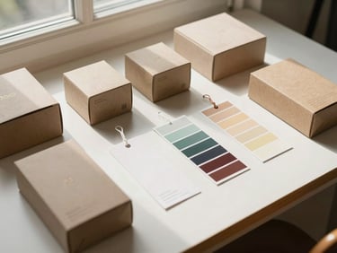 Flat-lay of a retail brand system — packaging boxes, hang tags, and color palette card arranged on an off-white surface under north-facing window light, structured composition, no lifestyle elements