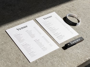 Close-up flat-lay of a venue brand identity — signage specimen, menu card, and wristband arranged on a concrete surface under north-facing daylight, precise alignment, no props