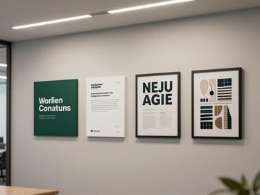 Environmental wide shot of a brand identity applied to an office interior — wall signage, printed brand manual, and framed type specimen on a neutral wall under controlled strobe light, clean architectural framing