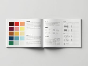 Wide flat-lay of an open brand guidelines booklet beside a set of color swatches and a ruled typography specimen sheet, arranged on a matte white surface under north-facing daylight, precise geometric layout, no decorative props, generous negative space at the top of the frame