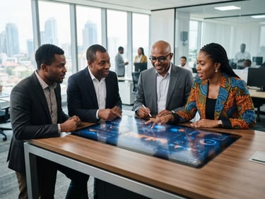 Crisp enterprise photography, bright natural office light, professional West African business leaders collaborating around a high-fidelity interactive tablet displaying clean data visualizations, 35mm