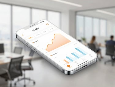 Isometric mockup of a premium banking mobile application, clean UI with data charts, soft orange accent glow, 35mm