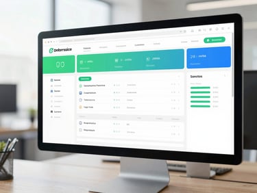Modern enterprise web portal dashboard on a sleek monitor, clean corporate design, soft green and blue accents, bright daylight
