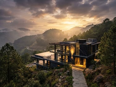 Cinematic wide-angle view of a modern luxury pavilion integrated into Shillong's misty pine hills, dramatic golden-hour sunlight reflecting off polished black marble and gold brass accents, sharp focus, 35mm architectural lens