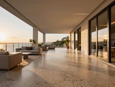 One-point perspective of a completed luxury penthouse lounge, seamless transition from indoor terrazzo flooring to outdoor terrace, golden hour light.