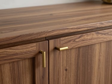 Close-up of bespoke walnut kitchen cabinetry, seamless joints, minimalist brass hardware, soft diffused lighting.