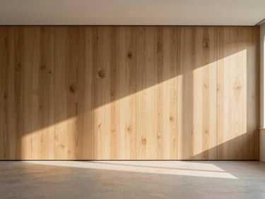 Minimalist living room with natural oak wall panels, warm afternoon light casting soft shadows, clean architectural lines.