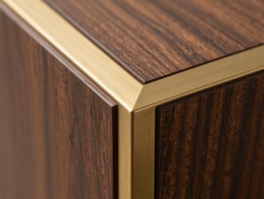 Macro close-up of a flawless material junction, dark walnut wood meeting a brushed brass metal inlay, soft side lighting, showcasing high-end architectural craftsmanship.
