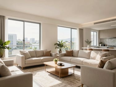 Bright editorial interior of a modern condominium living room in Pasay, warm sunlight streaming through large windows, clean minimalist furniture
