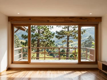 Cozy mountain apartment interior in Baguio, warm wooden accents, soft lighting, pine trees visible through a large glass window