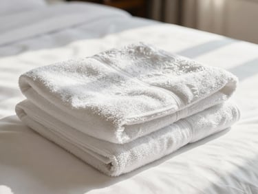 Close-up of freshly folded white towels on a neatly made bed, soft natural morning light, clean luxury hotel aesthetic