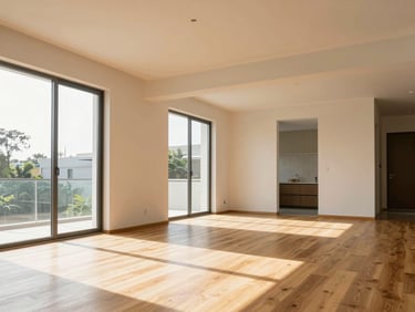 Bright editorial photograph of a modern interior living space in Pasay, warm sand tones, clean hardwood floors, natural sunlight streaming through large windows, architectural depth