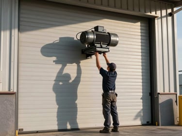 Wide shot of a technician adjusting a commercial roll-up door motor unit mounted above a warehouse bay entrance in Los Angeles, afternoon light casting hard shadows on the corrugated metal panels