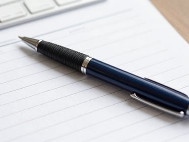Close-up of a pen on a document, clean office environment, natural light, deep navy and neutral tones, sharp focus, 35mm
